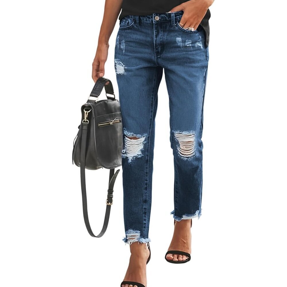Women's Stretchy Ripped Mom Jeans Blue Size 16 Casual Denim Pants